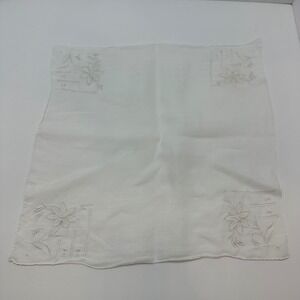 Vintage White Linen Handkerchief Floral Hand Embroidered Scalloped Edge Square